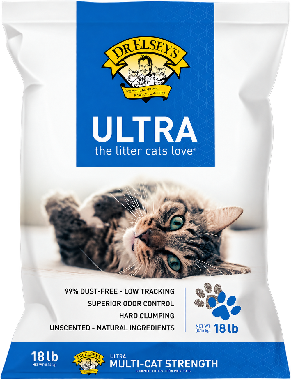 Dr. Elsey’s Ultra cat litter — 18 lb packaging — transparent background