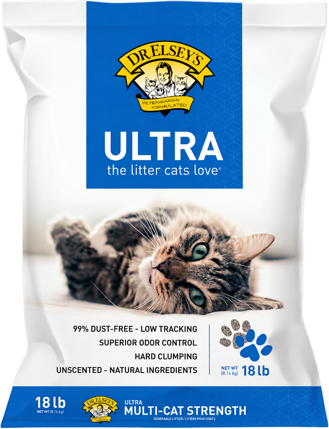Dr. Elsey’s Ultra cat litter — 18 lb packaging — transparent background
