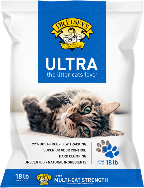 Dr. Elsey’s Ultra cat litter — 18 lb packaging — transparent background