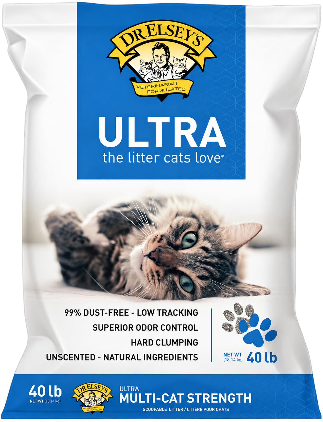 Dr. Elsey’s Ultra cat litter — 40 lb packaging — transparent background